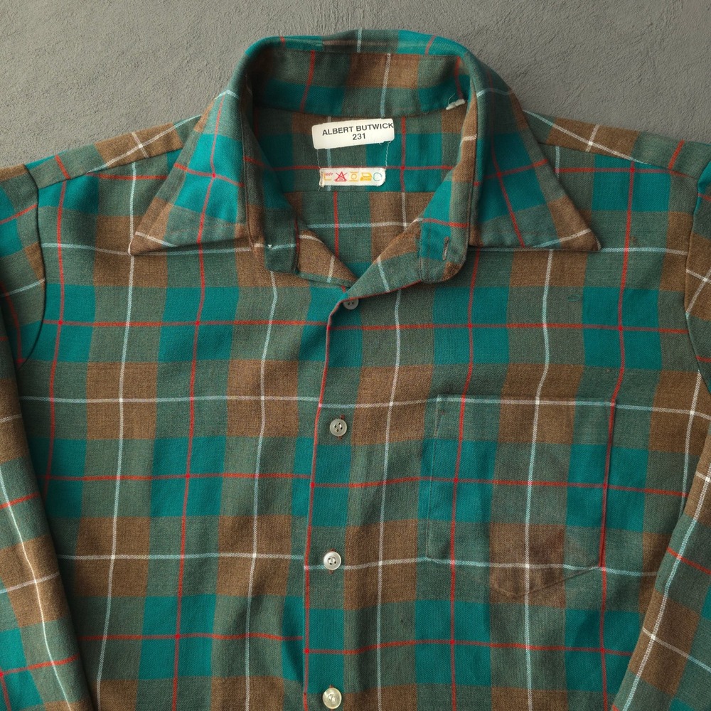 Vintage 70s Albert Butwick Green Plaid Flannel Shirt XL Long Sleeve - Picture 2 of 11